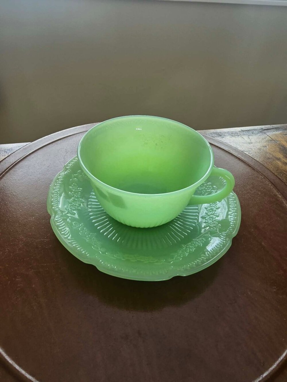 Jadeite Fire King cup and saucer, Alice pattern